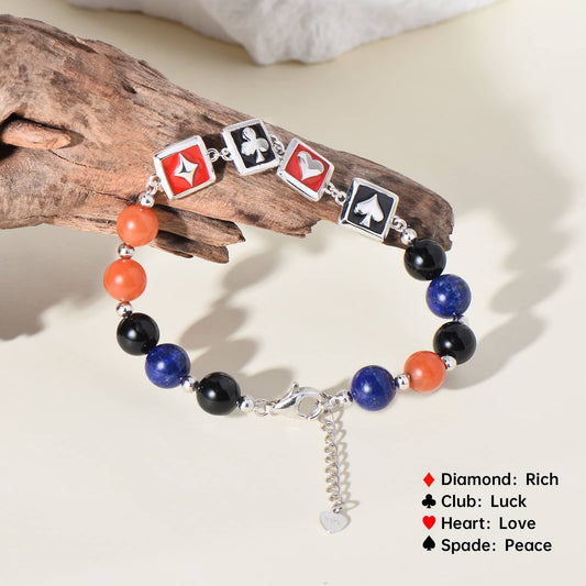 Stylish Playing Card theme 925 Silver Crystal Bracelet Beaded Jewelry