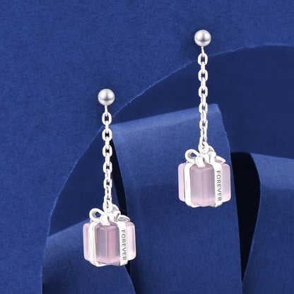 Dainty Pink Crystal 925 silver dangle Earrings Wish Gift Box Fine Jewelry for women