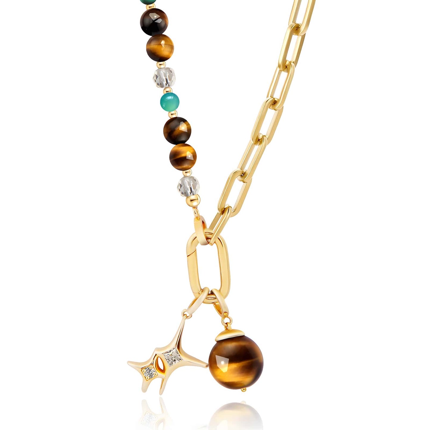 half crystal half chain necklace,mixed metal necklace,statement, silver and gold necklace, half chain half tiger eye citrine and amazonite bead jewelry for her