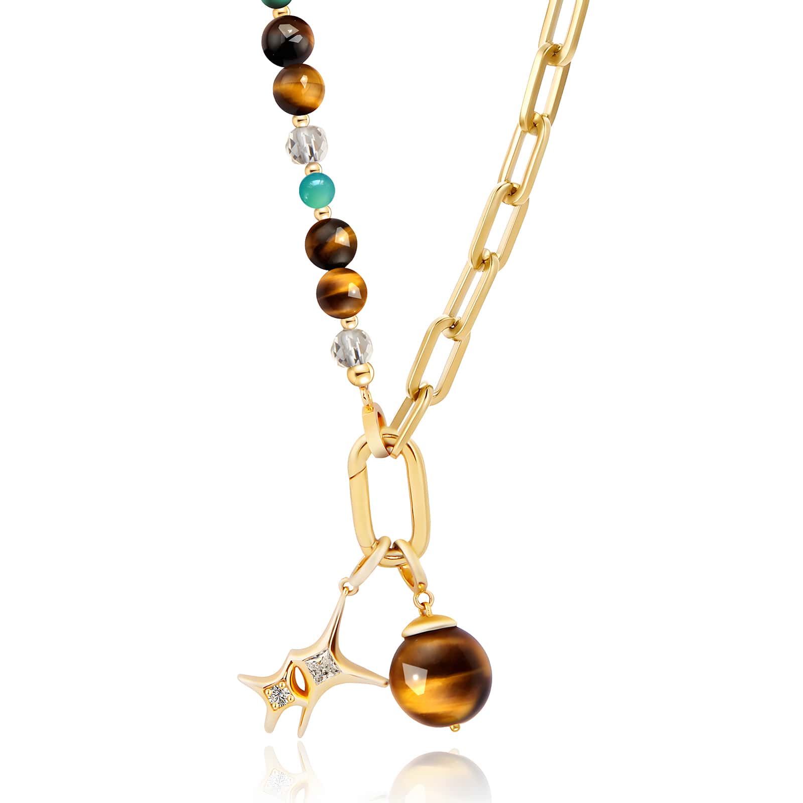 half crystal half chain necklace,mixed metal necklace,statement, silver and gold necklace, half chain half tiger eye citrine and amazonite bead jewelry for her