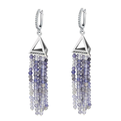 Stylish Natural Cordierite Tassel Earrings in S925 Silver Elegant Jewelry Design