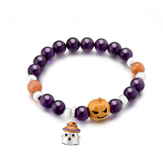 Purple Amethyst Halloween Crystal Bracelet Cutie ghost & Pumpkin Jewelry