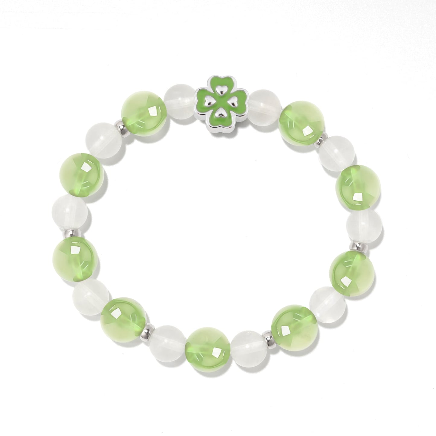 Natural Blue Moonstone and Prehnite Crystal Four-leaf Clover Design Bracelet