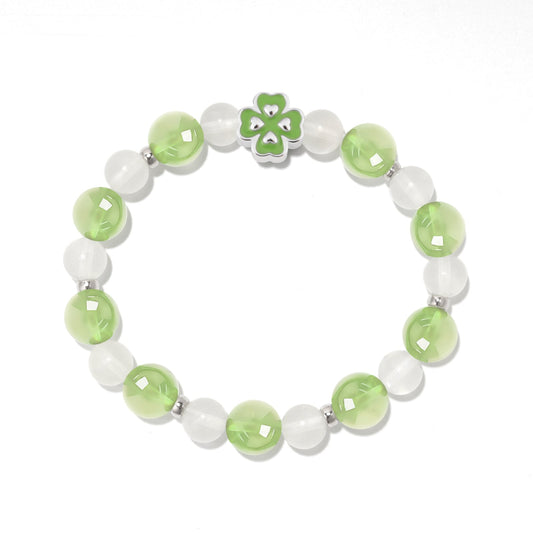 Natural Blue Moonstone and Prehnite Crystal Four-leaf Clover Design Bracelet