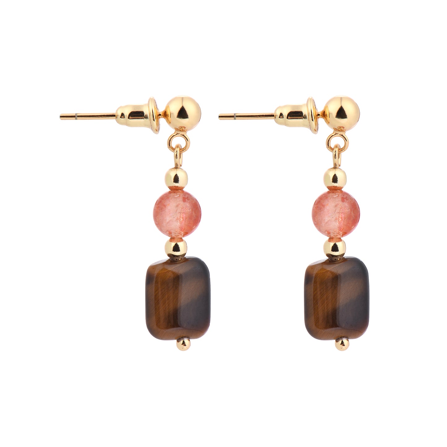 Cindy land Natural Square Tiger Eye Gemstone with Strawberry Crystal Gold Plated Energy Earring