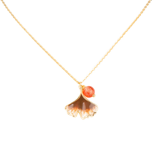 Collier Ginkgo Plaqué Or 18 Carats Argent Doré Fraise Quartz