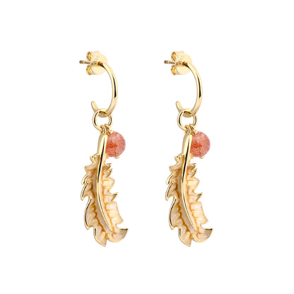 18K Gold Plated Silver Feather Strawberry Crystal Earring