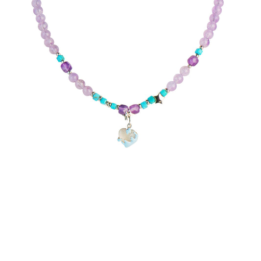 Collier pendentif turquoise améthyste calcédoine violette