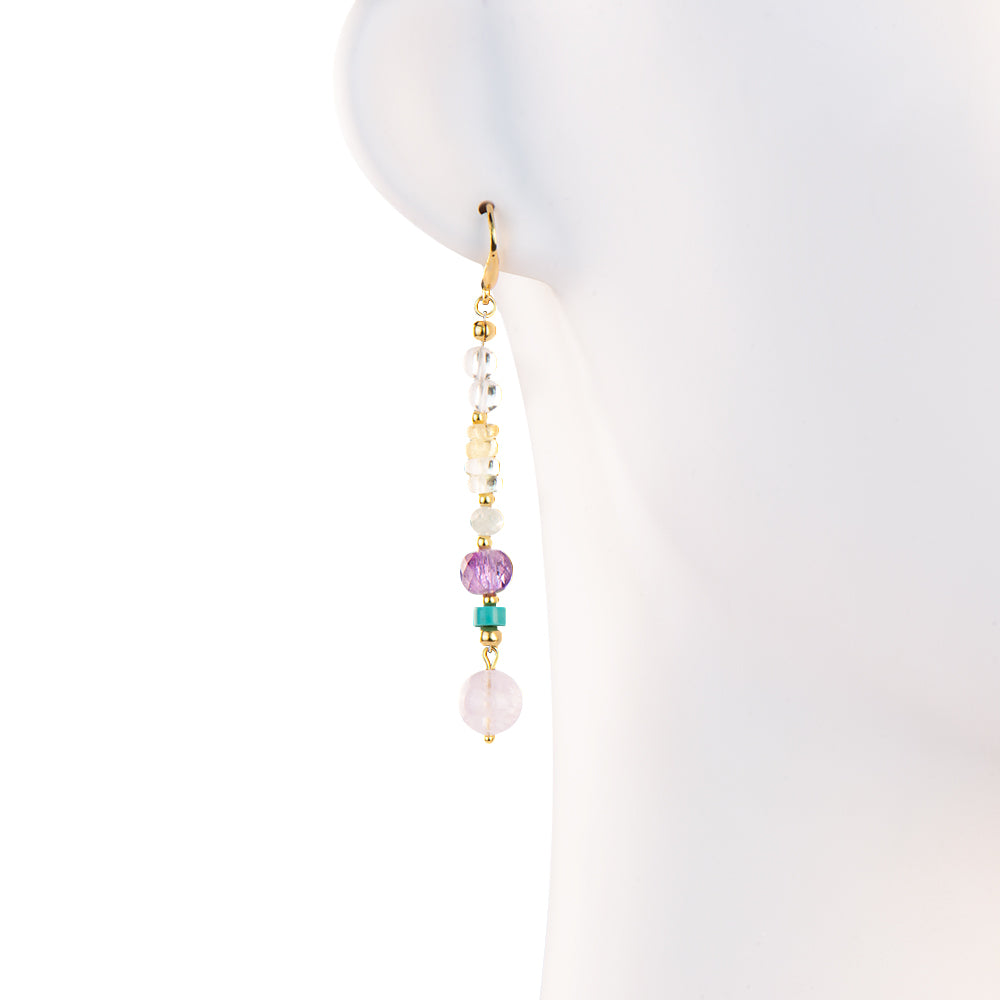 Boucles d'oreilles pendantes en calcédoine violette, améthyste et cristal de roche