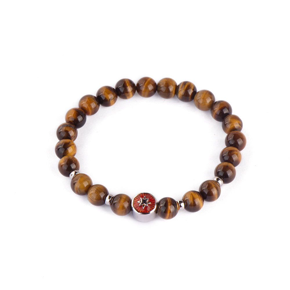 Quadrangular Star 8MM Tiger Eye Sterling Plated Gold Pendant Beads Bracelet