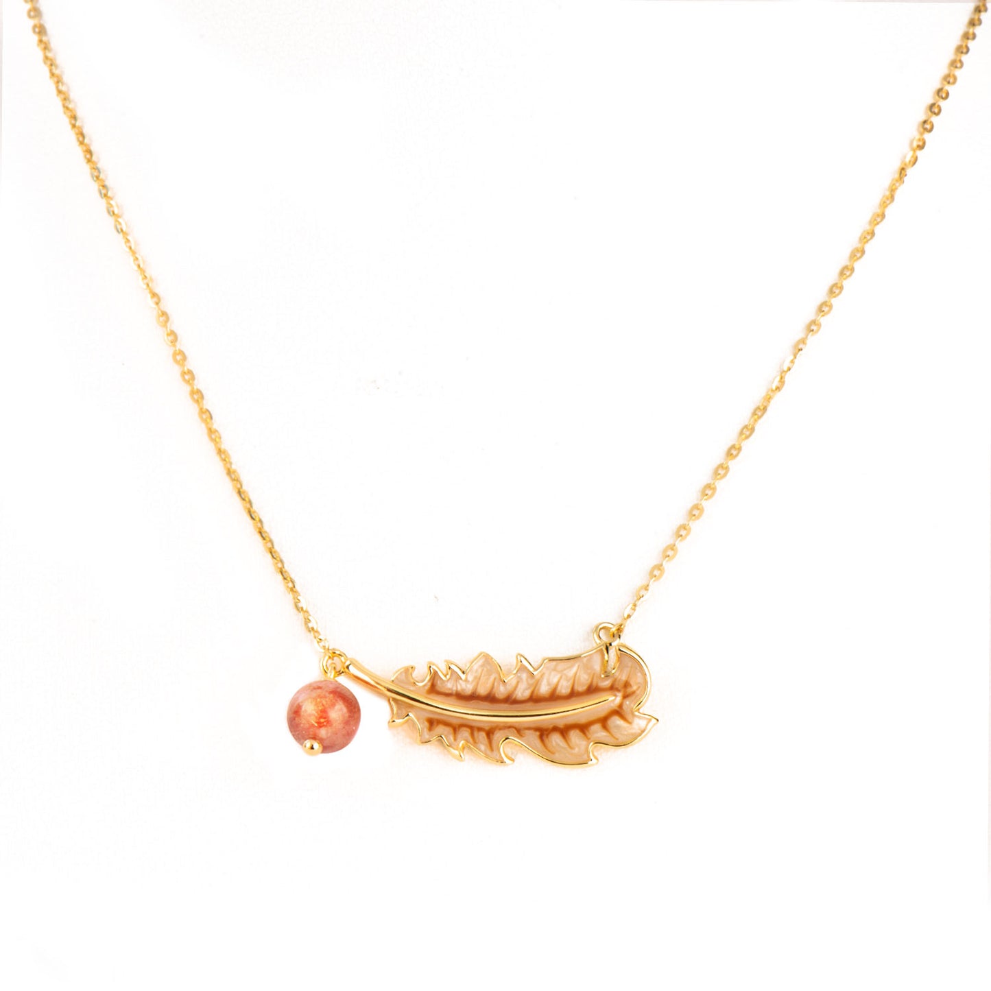 Feather 18k Gold Plated Strawberry Quartz Necklace