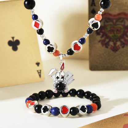 Black Agate Beaded Crystal Bracelet with Poker Silver Charms