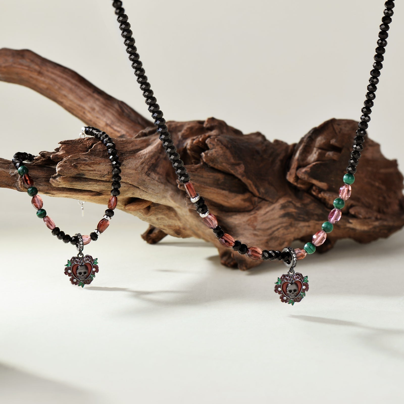 Skull Bracelet with Black Spinel & Frosted Champagne Garnet & Malachite Stones