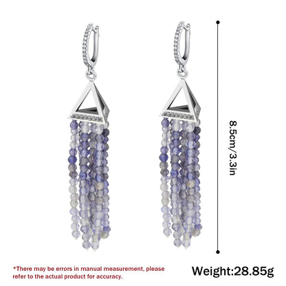 Stylish Natural Cordierite Tassel Earrings in S925 Silver Elegant Jewelry Design