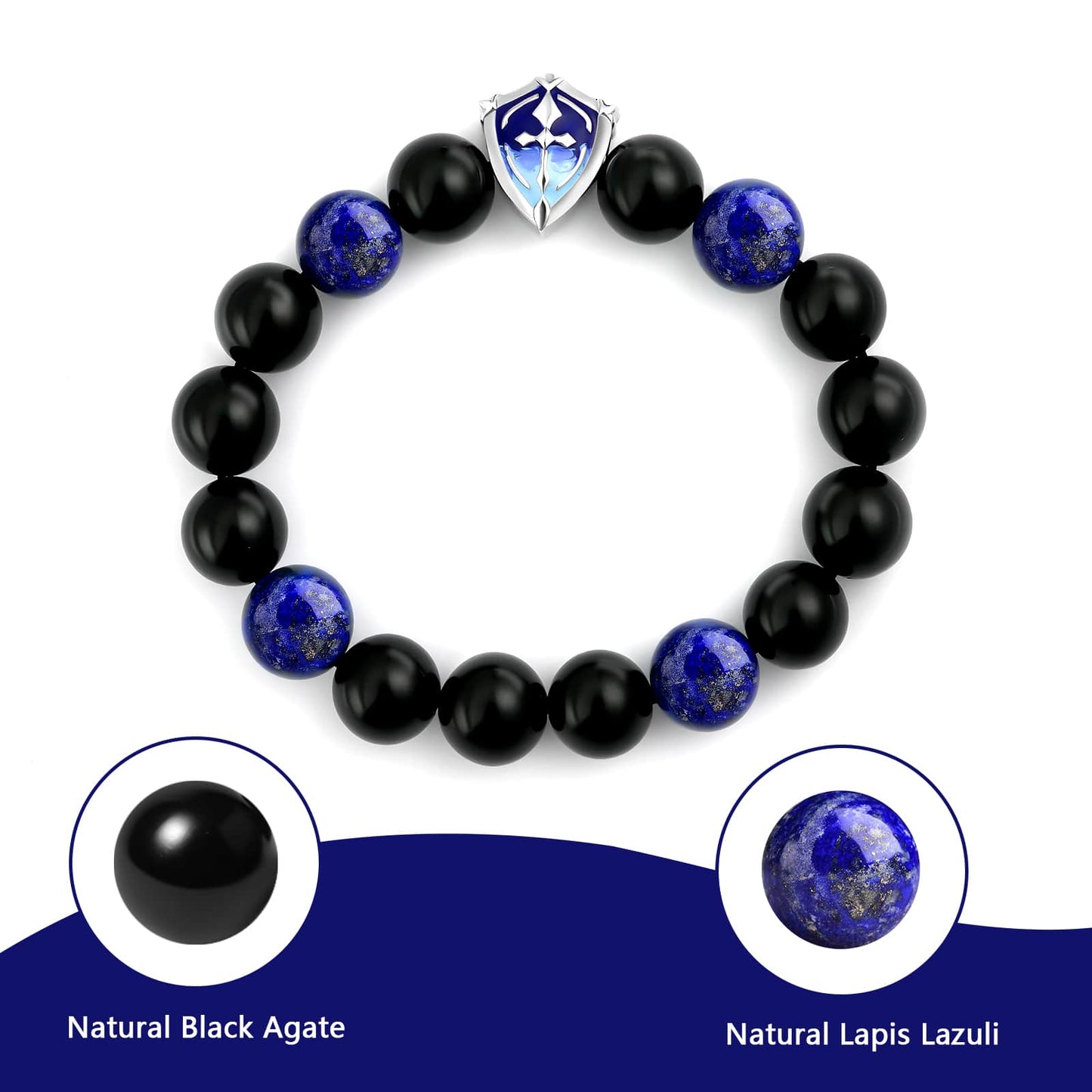 Natural Black Agate & Lapis Lazuli Stylish Shield Design Crystal Beaded Bracelet