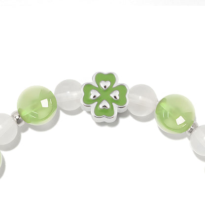 Natural Blue Moonstone and Prehnite Crystal Four-leaf Clover Design Bracelet