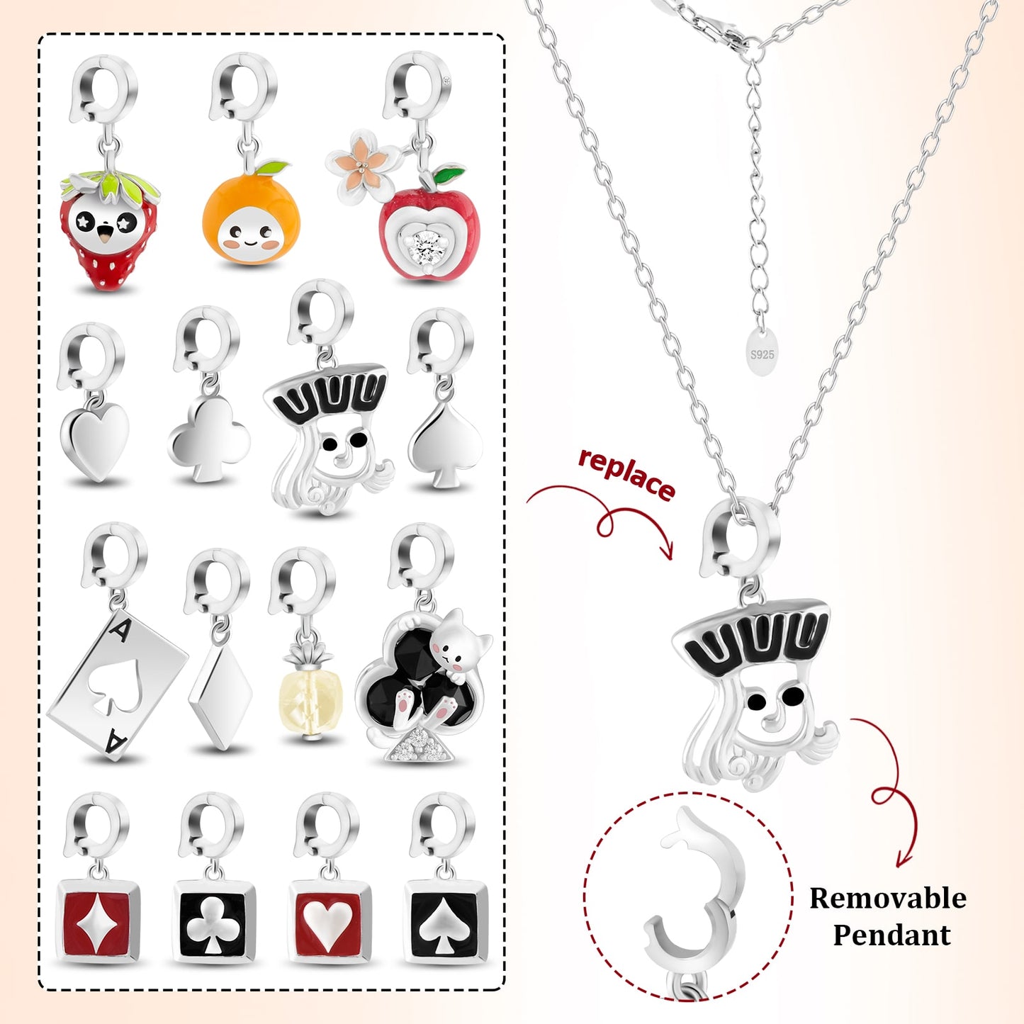 S925 Silver Charming Pendant Necklace Poker King Desgin Jewelry Gift for Her