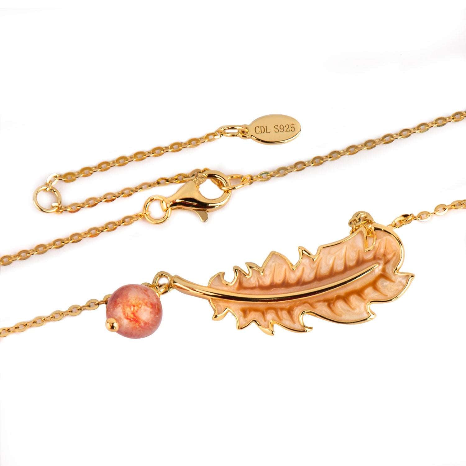 Feather 18k Gold Plated Strawberry Quartz Necklace