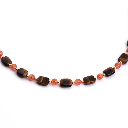 Cindy land Natural Square Tiger Eye Gemstone with Strawberry Crystal Gold Plated Energy Necklace