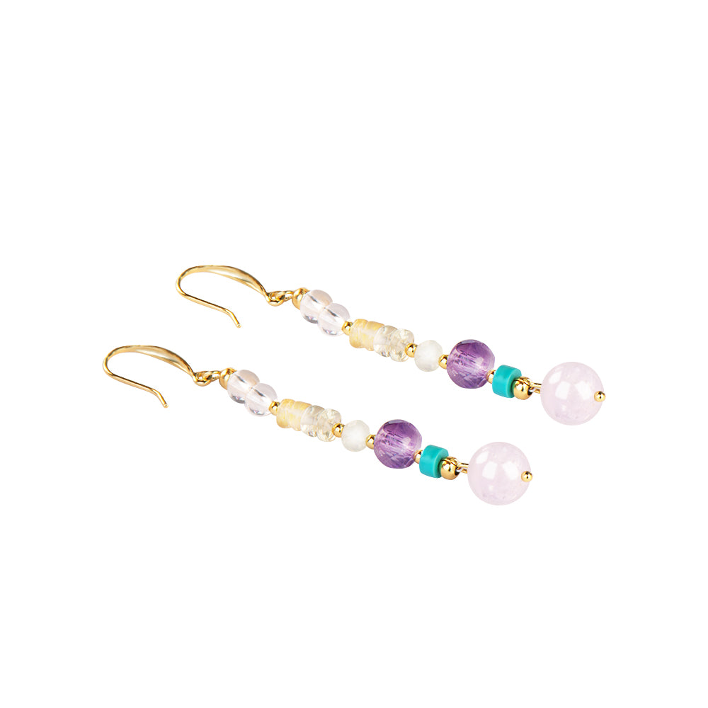 Boucles d'oreilles pendantes en calcédoine violette, améthyste et cristal de roche