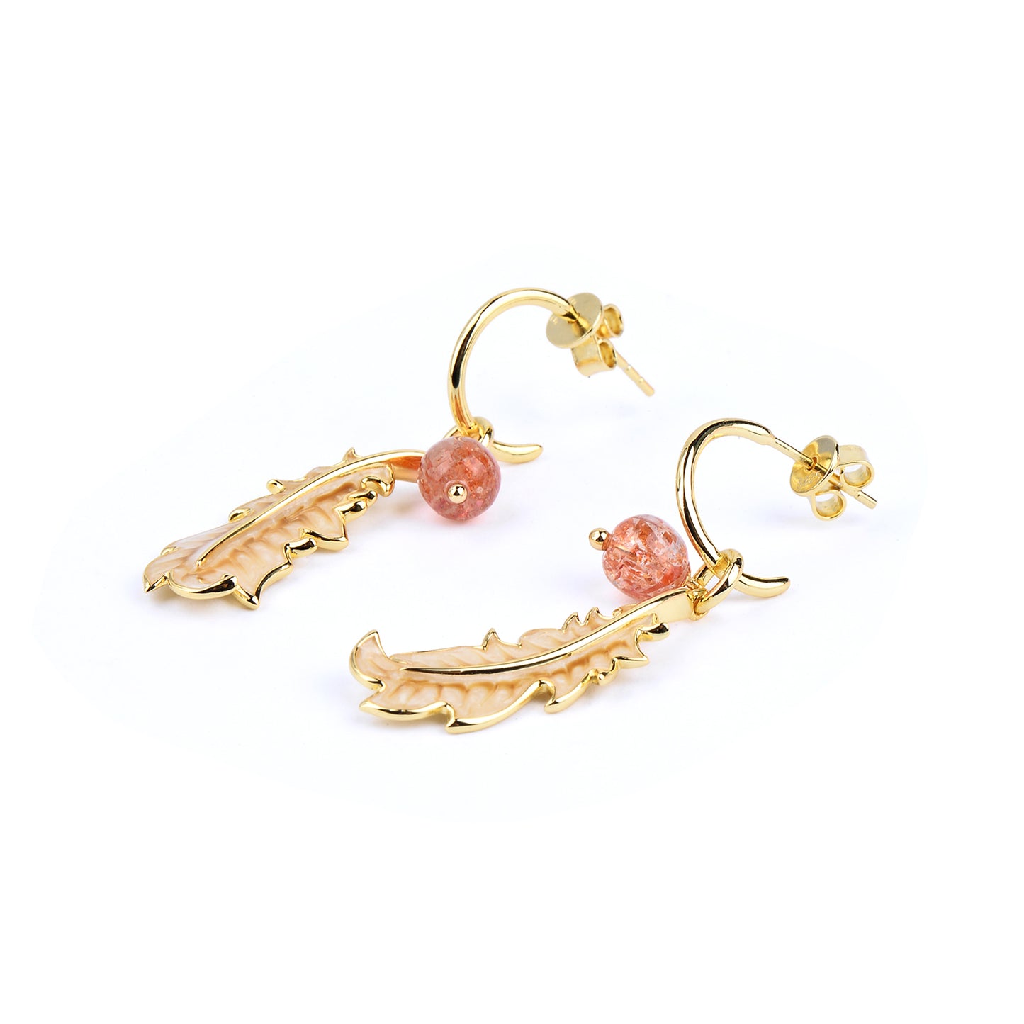 18K Gold Plated Silver Feather Strawberry Crystal Earring