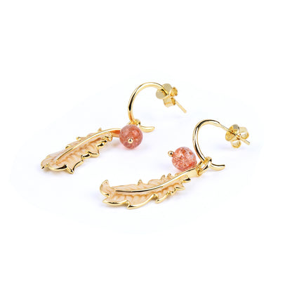 18K Gold Plated Silver Feather Strawberry Crystal Earring