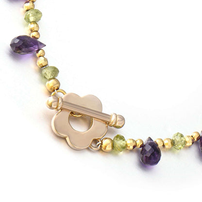 Flower clasp with low-temperature enamelling process purple and green nature inspired bracelet