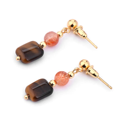 Cindy land Natural Square Tiger Eye Gemstone with Strawberry Crystal Gold Plated Energy Earring