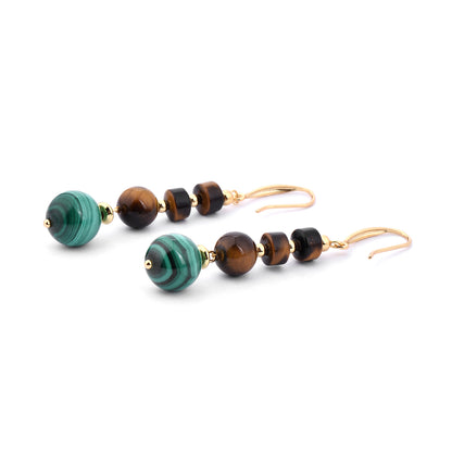 Cindy land Handmade Natural Malachite Gemstone with Tyre Shape Wheel Cut  Beads Tiger Eye Crystal for Healing Earring