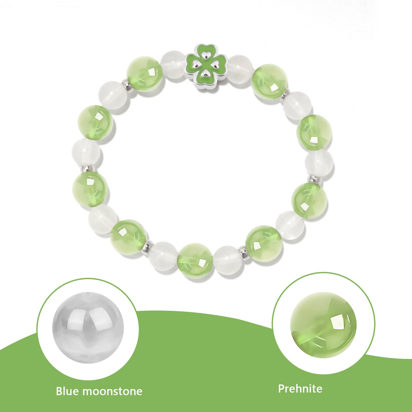 Natural Blue Moonstone and Prehnite Crystal Four-leaf Clover Design Bracelet