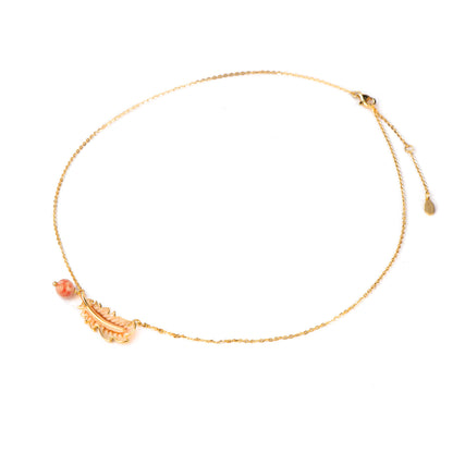 Feather 18k Gold Plated Strawberry Quartz Necklace