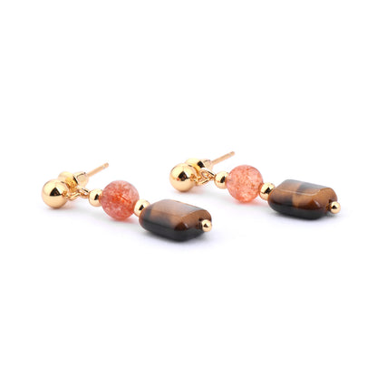 Cindy land Natural Square Tiger Eye Gemstone with Strawberry Crystal Gold Plated Energy Earring