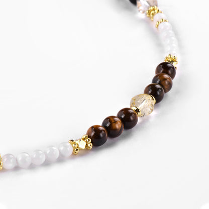 Cindy land Collier de perles rondes en nacre avec pierres précieuses œil de tigre, cristal de citrine, énergie de guérison