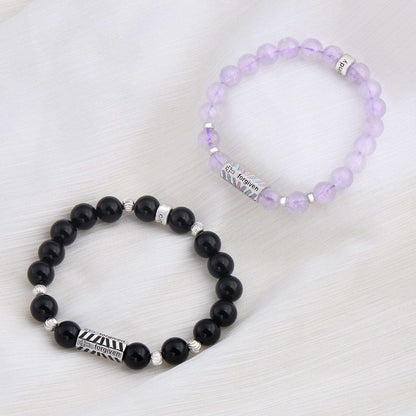 Couple crystal bracelet set, Valentine‘s gift for her, purple chalcedony and black agate crystal couples bracelet set