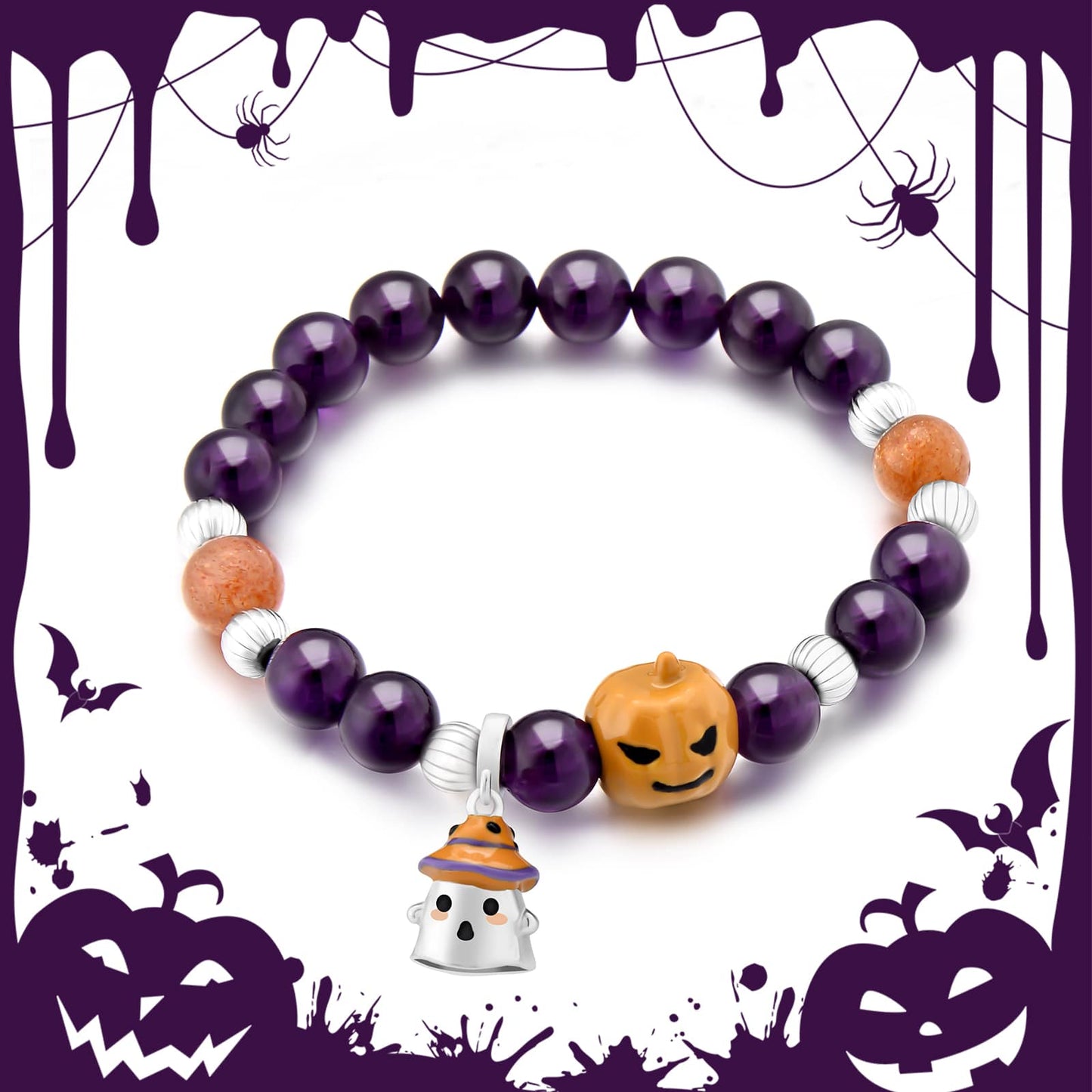 Purple Amethyst Halloween Crystal Bracelet Cutie ghost & Pumpkin Jewelry