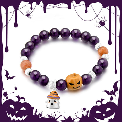 Purple Amethyst Halloween Crystal Bracelet Cutie ghost & Pumpkin Jewelry