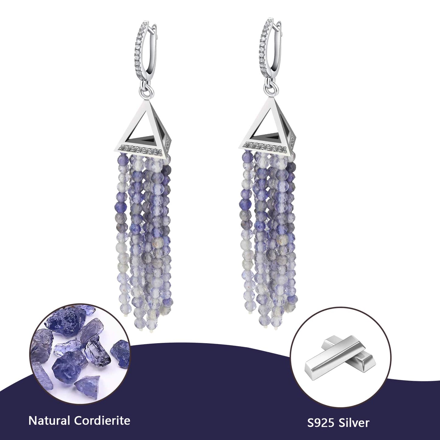 Stylish Natural Cordierite Tassel Earrings in S925 Silver Elegant Jewelry Design