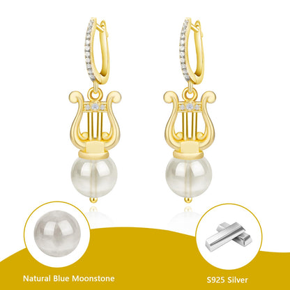 Elegant Lyre-Shaped Natural Blue Moonstone Earrings in S925 Silver