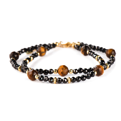 Double Row Of Parallel Black Spinel Tiger Eye Bracelets