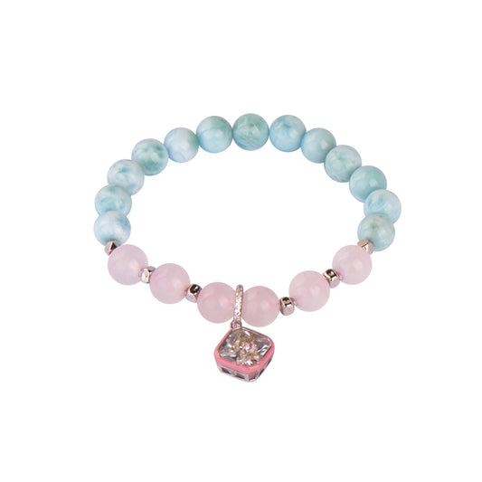 8mm Natural Pink Crystal Larimar Sterling Silver Plated Gold Beads Bracelet