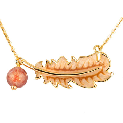 Feather 18k Gold Plated Strawberry Quartz Necklace