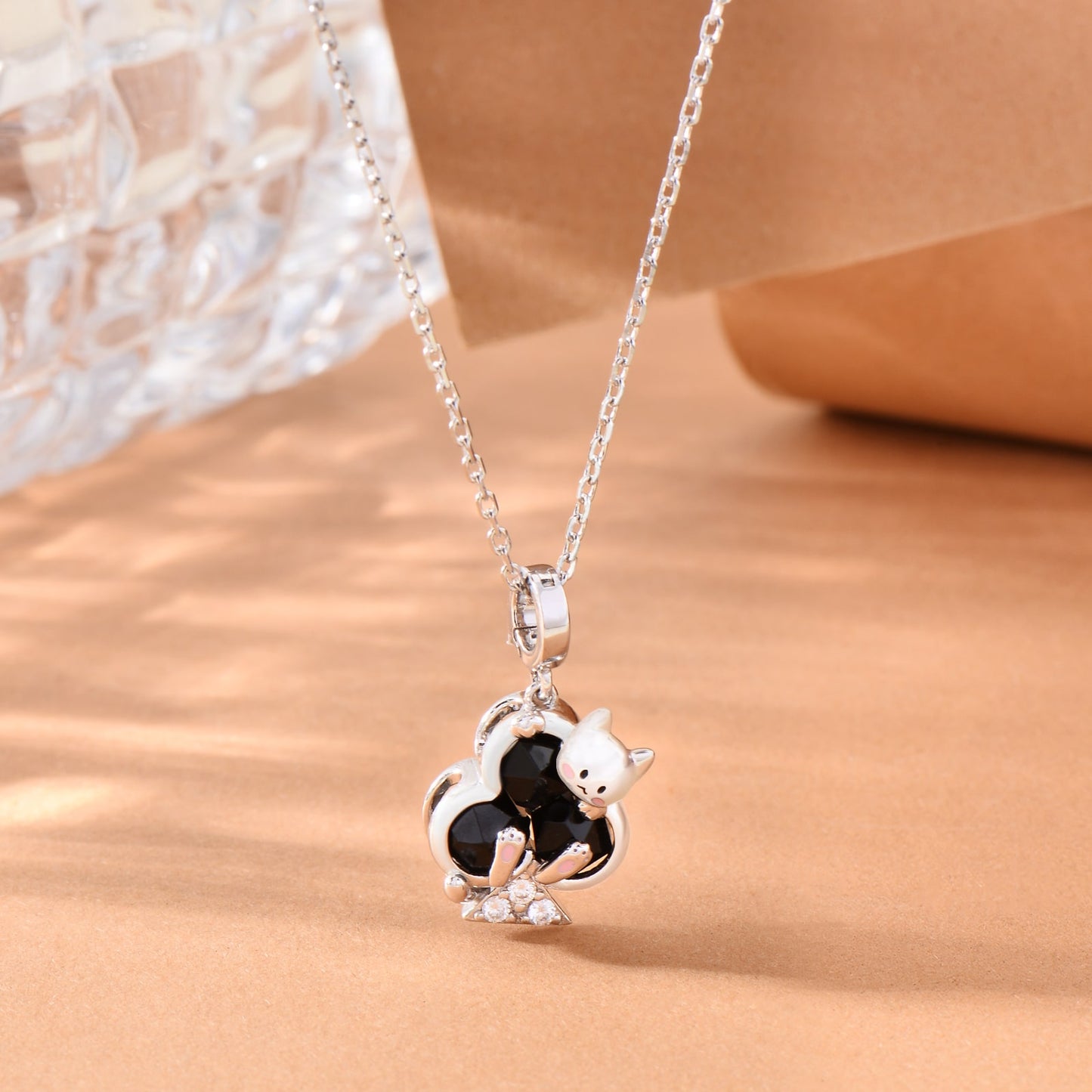 Natural Crystal Black Agate Pendant Necklace Cat Desgin Jewelry Gift for Her