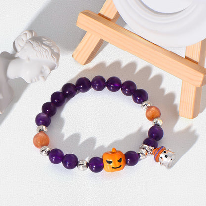 Purple Amethyst Halloween Crystal Bracelet Cutie ghost & Pumpkin Jewelry