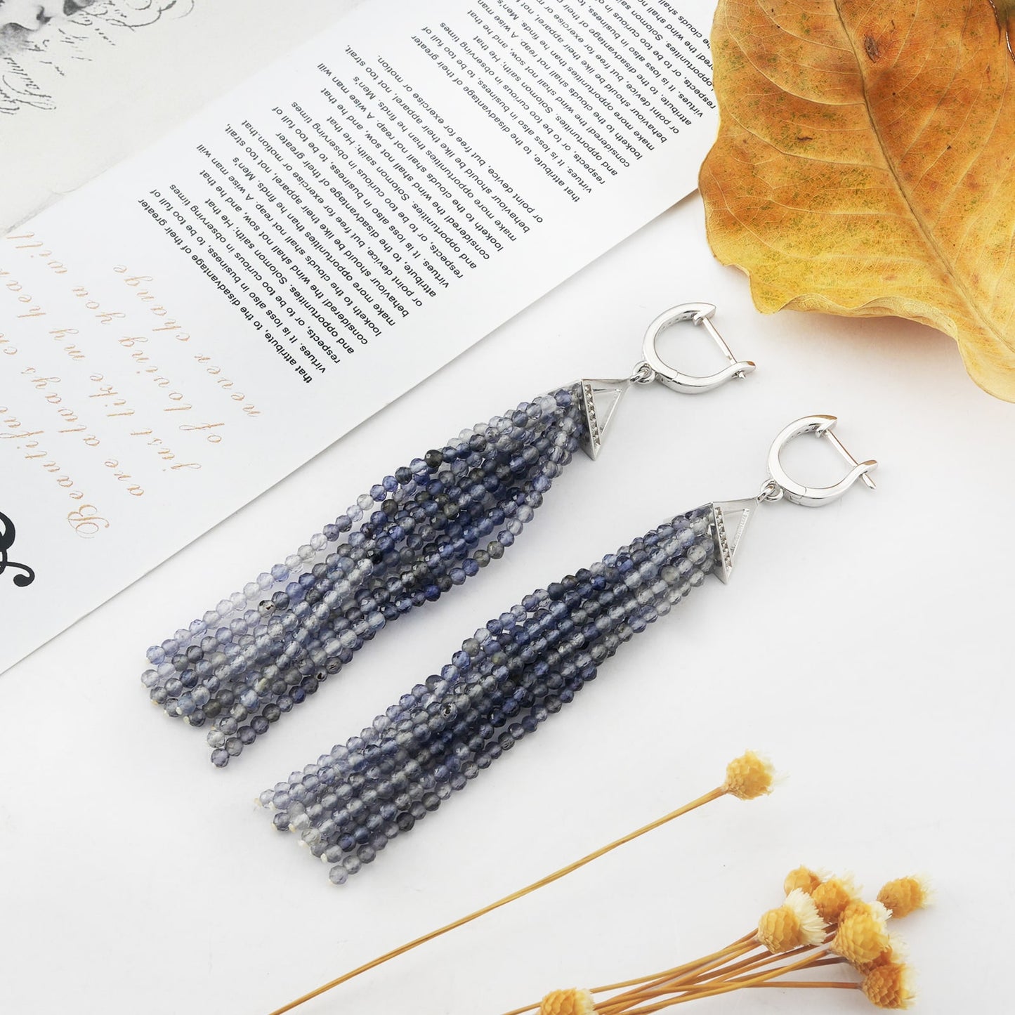 Stylish Natural Cordierite Tassel Earrings in S925 Silver Elegant Jewelry Design