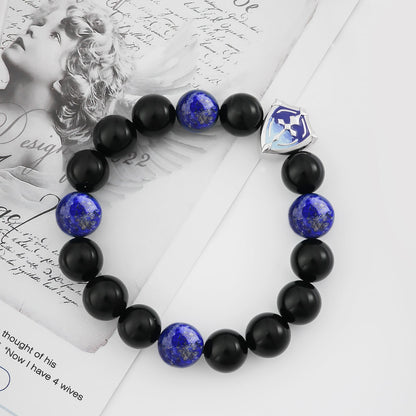 Natural Black Agate & Lapis Lazuli Stylish Shield Design Crystal Beaded Bracelet