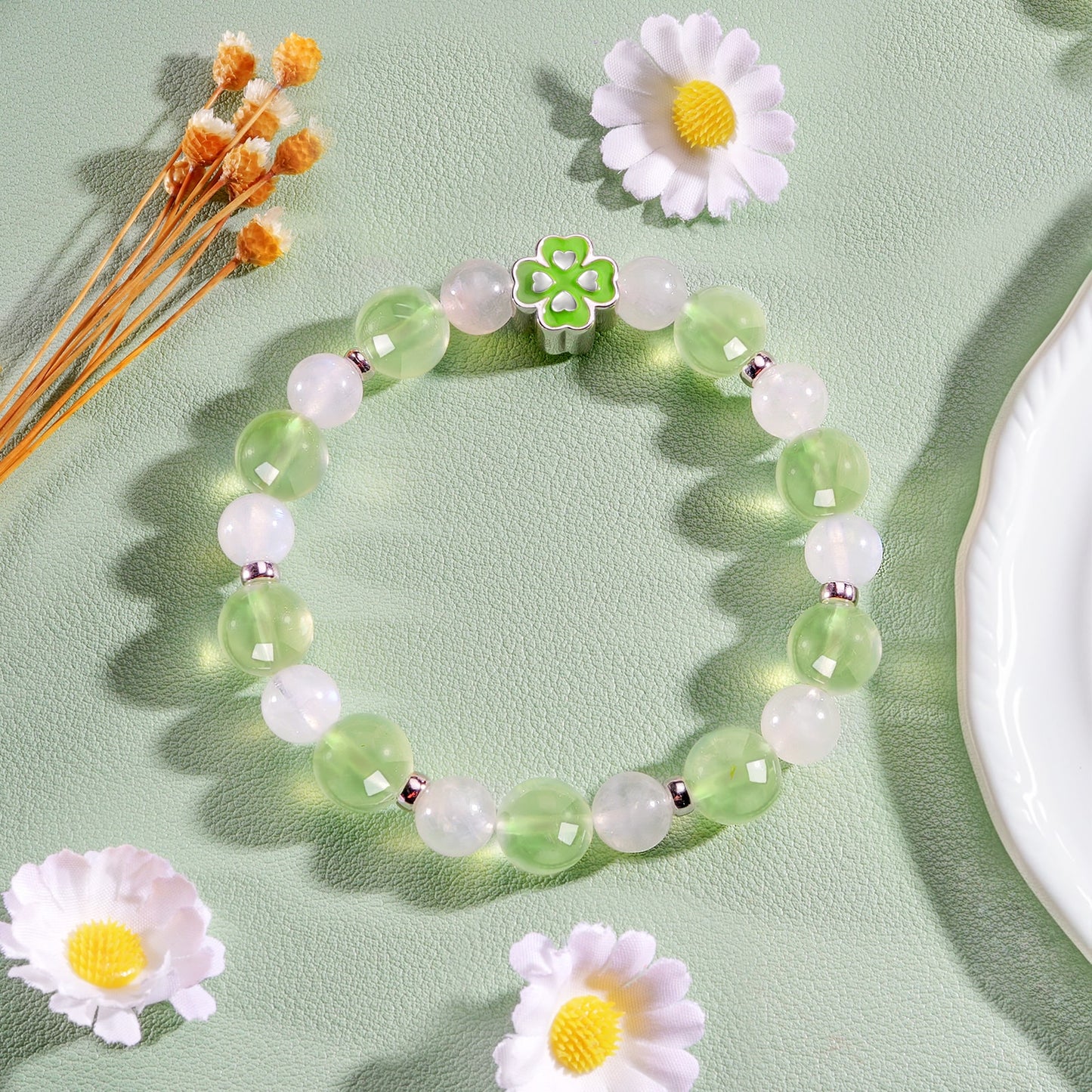 Natural Blue Moonstone and Prehnite Crystal Four-leaf Clover Design Bracelet