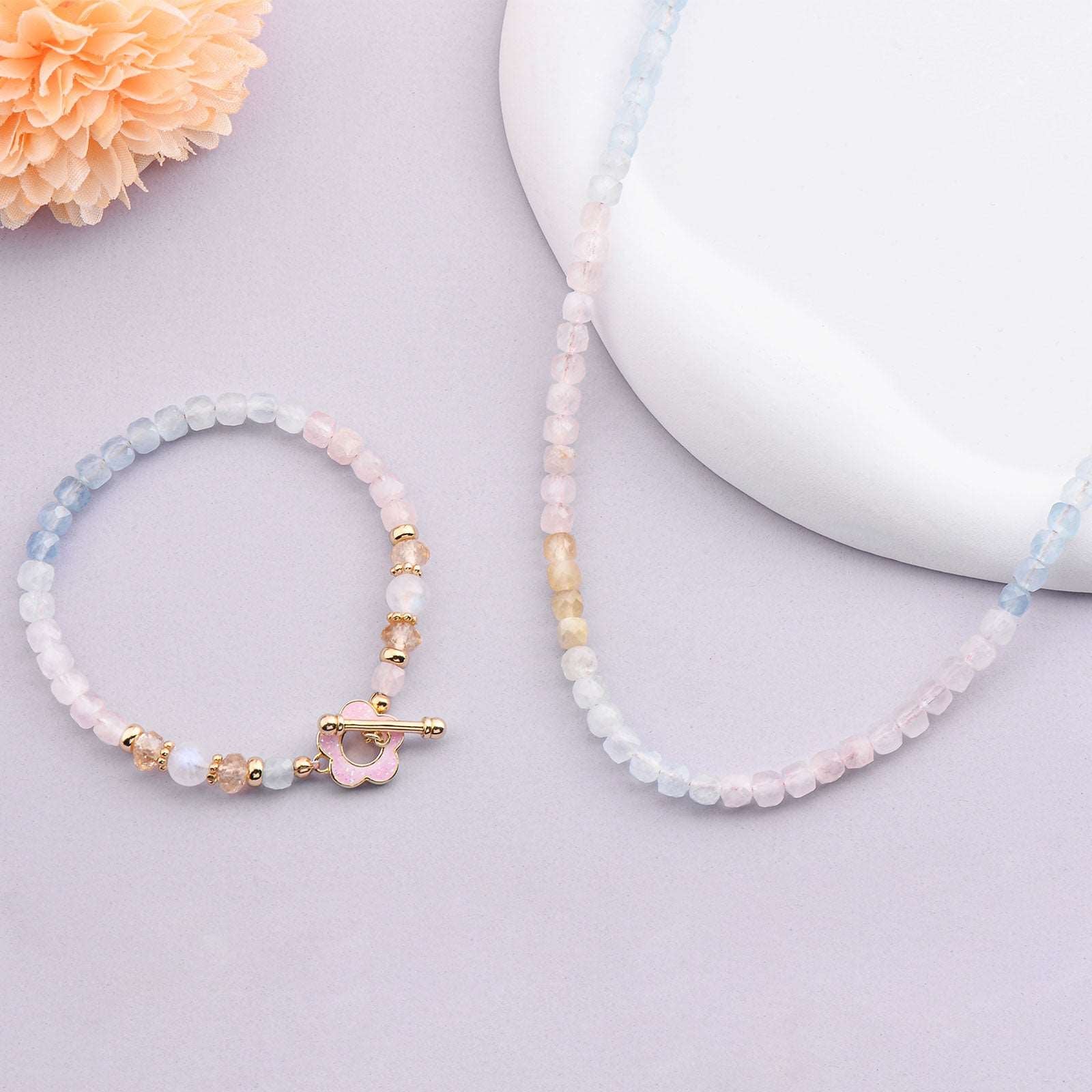 Gradient Macaroon Morganite Citrine Moonstone Floral Clasp Necklace Jewelry