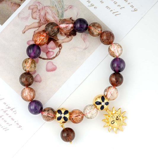 Natural blackcurrant Super Seven Beaded Bracelet with Sun and Moon Pendant