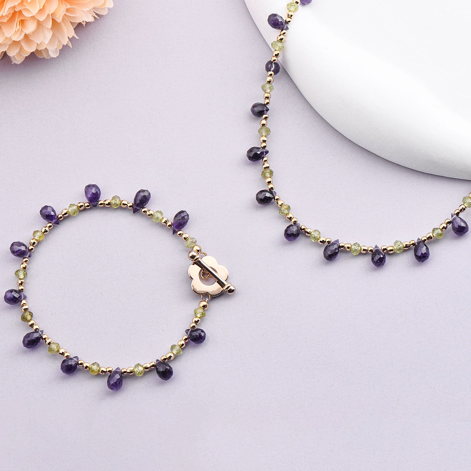 Amethyst Briolette Beaded Necklace with Peridot Rondelles