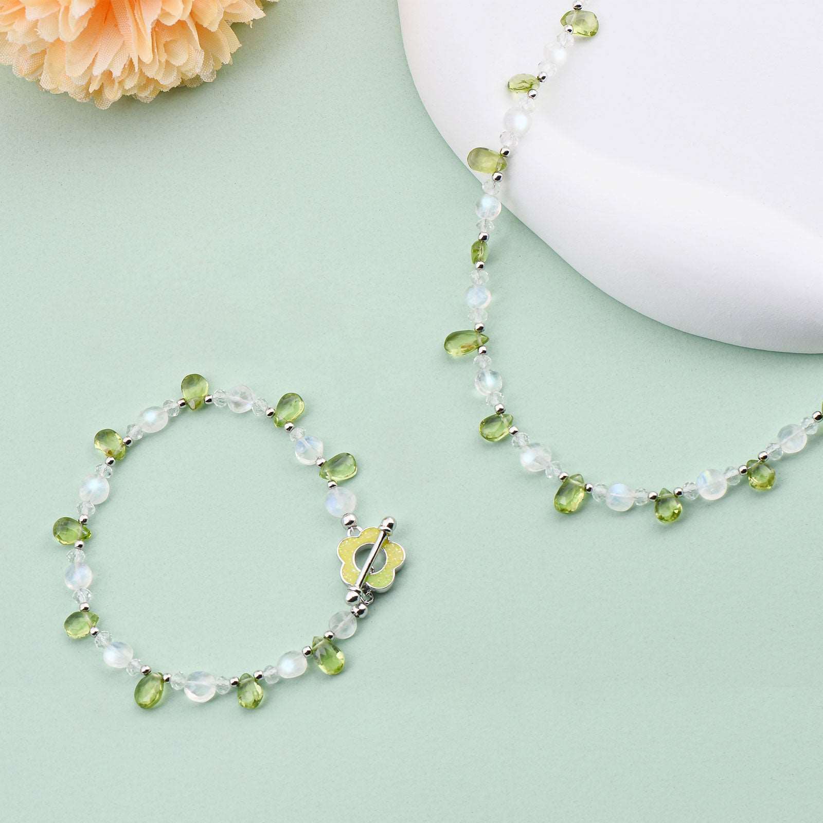 Natural peridot rock crystal beaded necklace sterling silver findings crystal healing gemstone jewelry